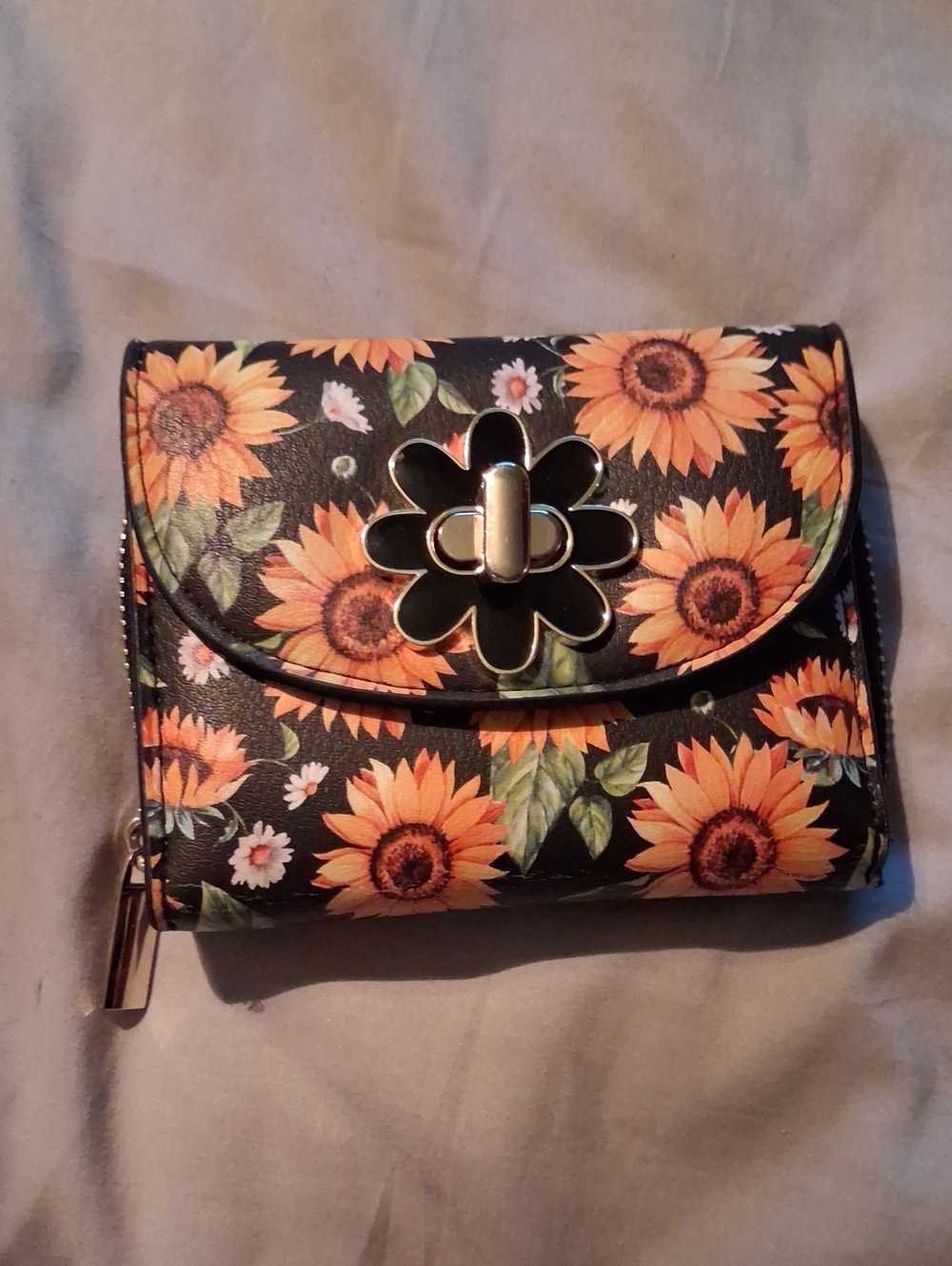 Sunflower-Print Compact Wallet - Black & Yellow